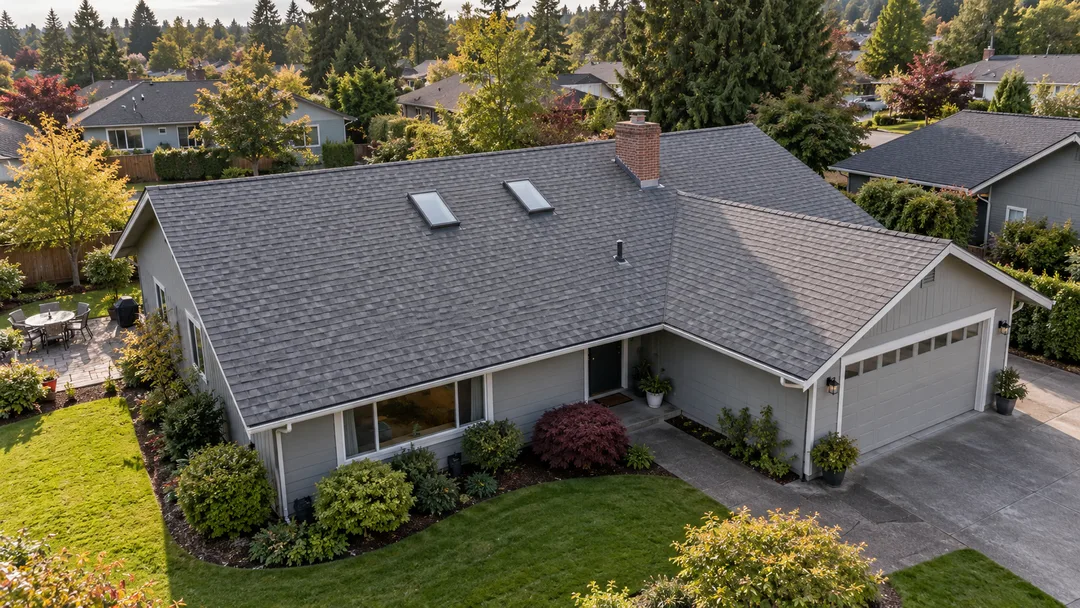 Wide aerial view of a single-story home with two skylights, a brick chimney and a complete gray shingle roof, surrounded by neighboring homes and mature trees.