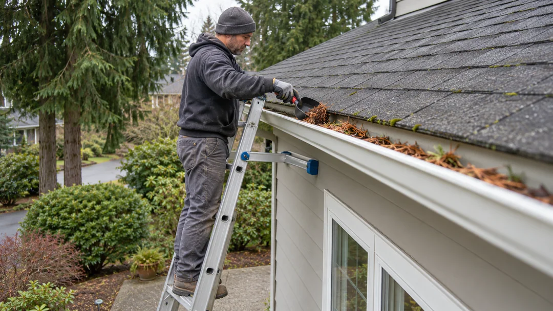 Gloved exterior-care worker removing pine needles from a house gutter with a hand scoop while standing on an extension ladder with a visible stabilizer.