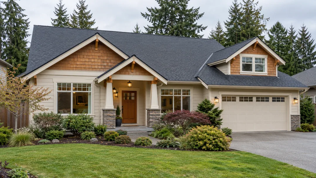 Pacific Northwest craftsman home with a charcoal asphalt-shingle roof, cream siding, cedar trim and established landscaping under soft overcast light.