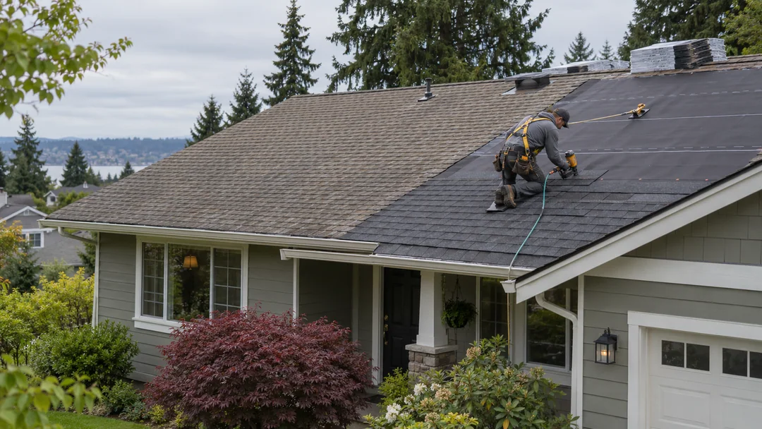 Roofer installing new charcoal asphalt shingles beside an exposed underlayment section on a Pacific Northwest home, secured by a roof harness.