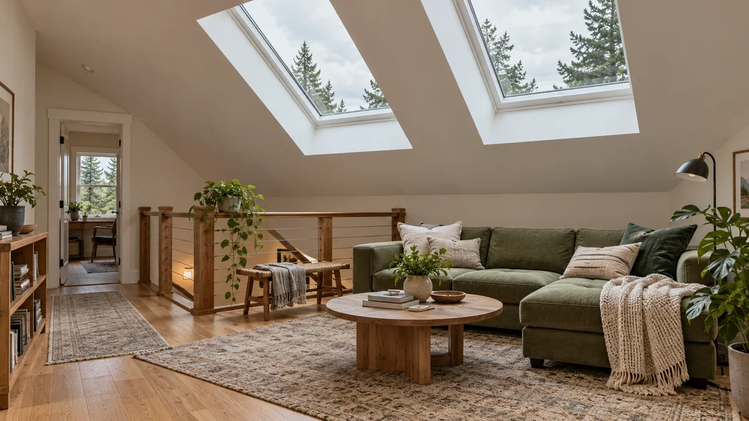 Two rectangular skylights bring soft daylight into a sloped white ceiling with finished light wells above a green sofa and oak furniture.