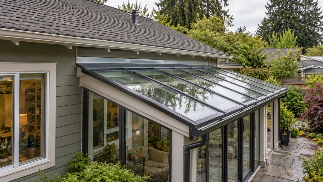 Elevated exterior view of a Pacific Northwest home with an attached glass-roof sunroom, showing the wall flashing, glazed panels, supporting frames and gutter.